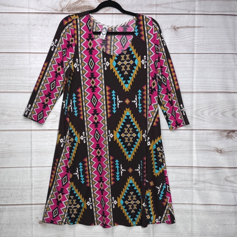 Honeyme Womens Southwestern Print 3/4 Sleeve Mini Swing Dress Small Pockets